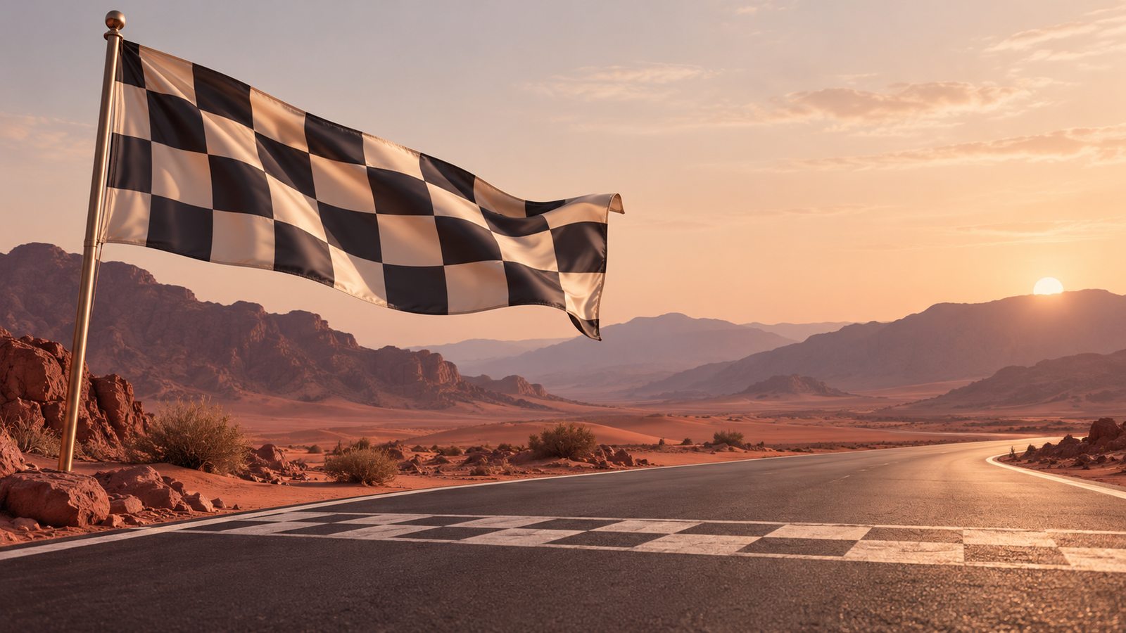 A single elegant checkered flag at a clear desert finish line