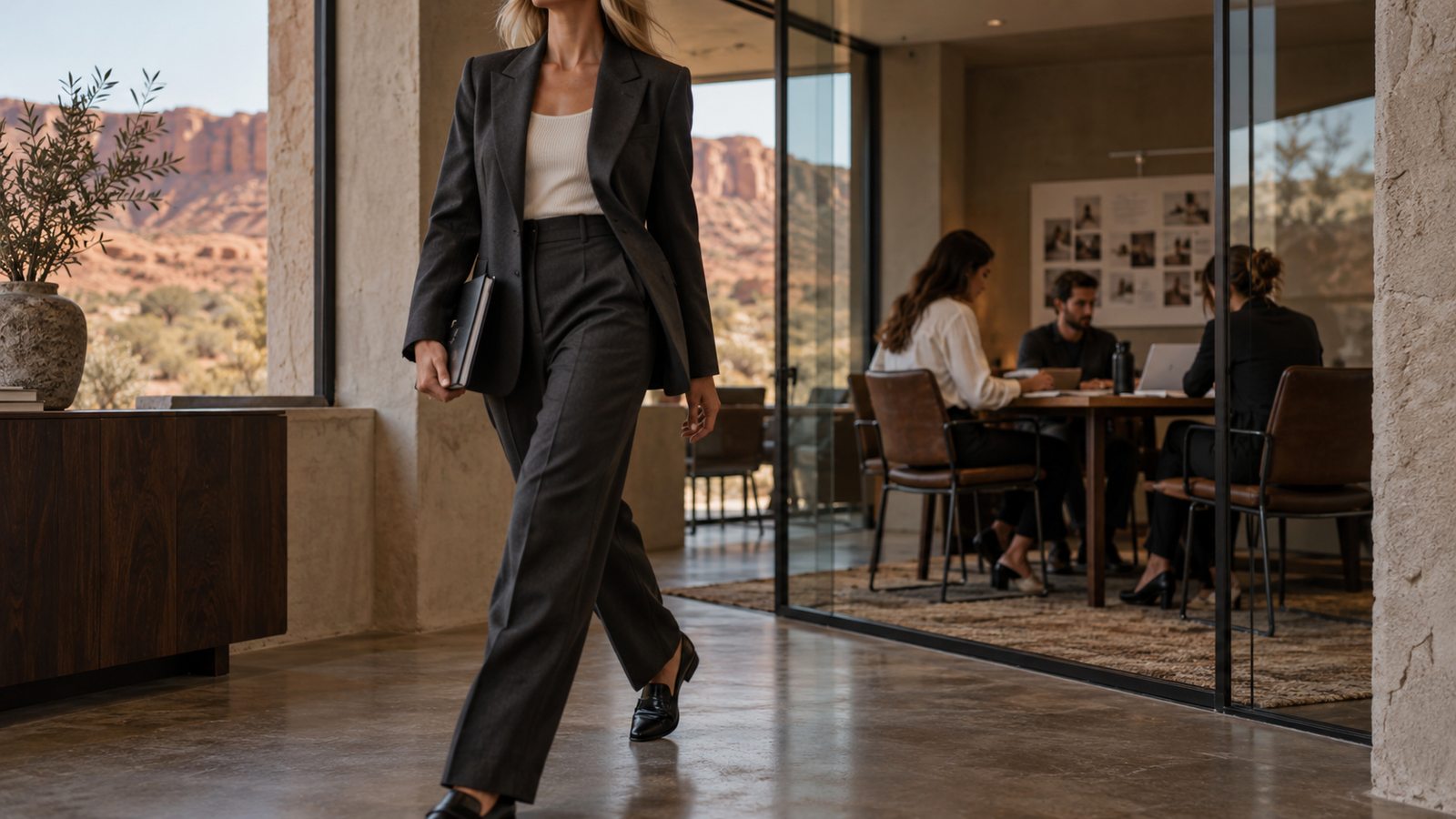 A sharply dressed leader leaving a workspace while her team continues working independently
