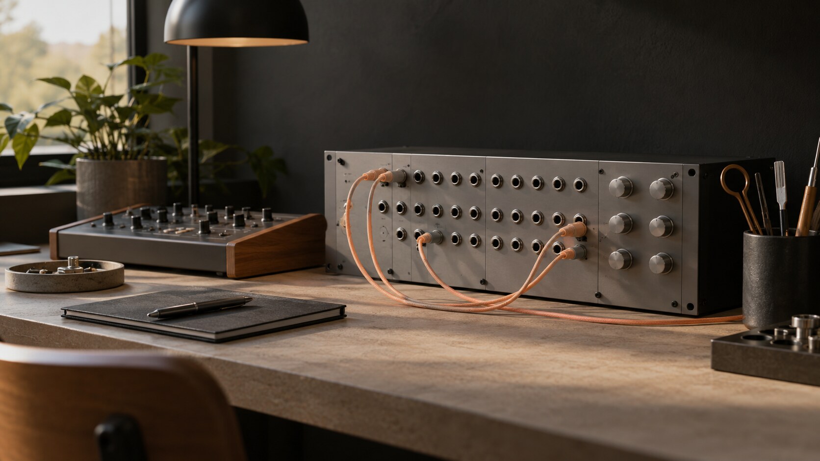 An organized patch panel with peach cables in a quiet modern studio