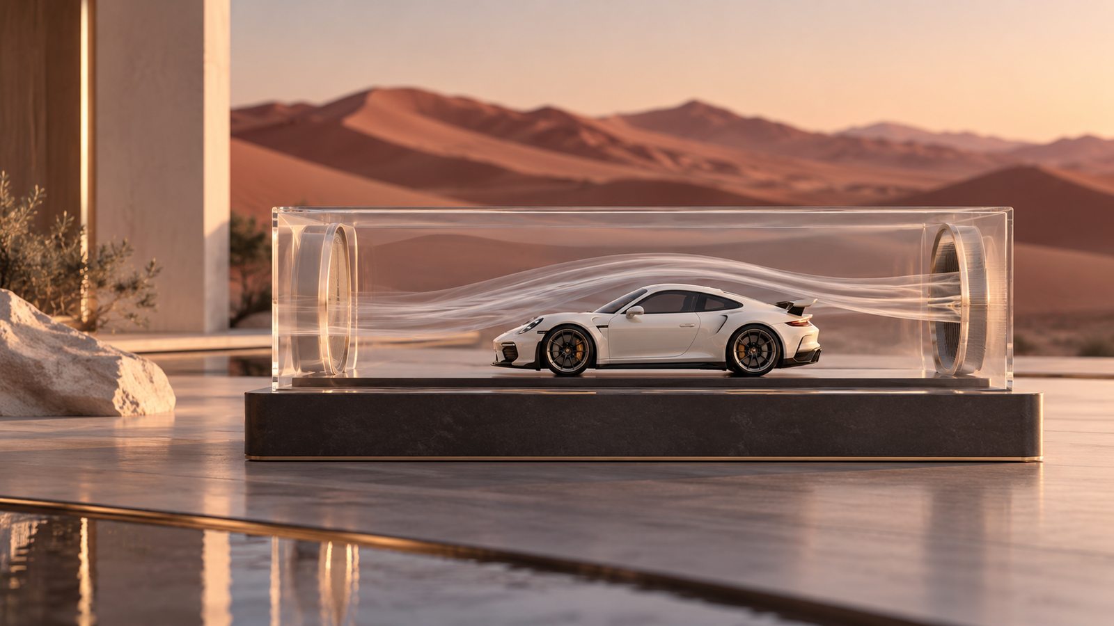 An elegant scale performance car being tested inside a clear chamber