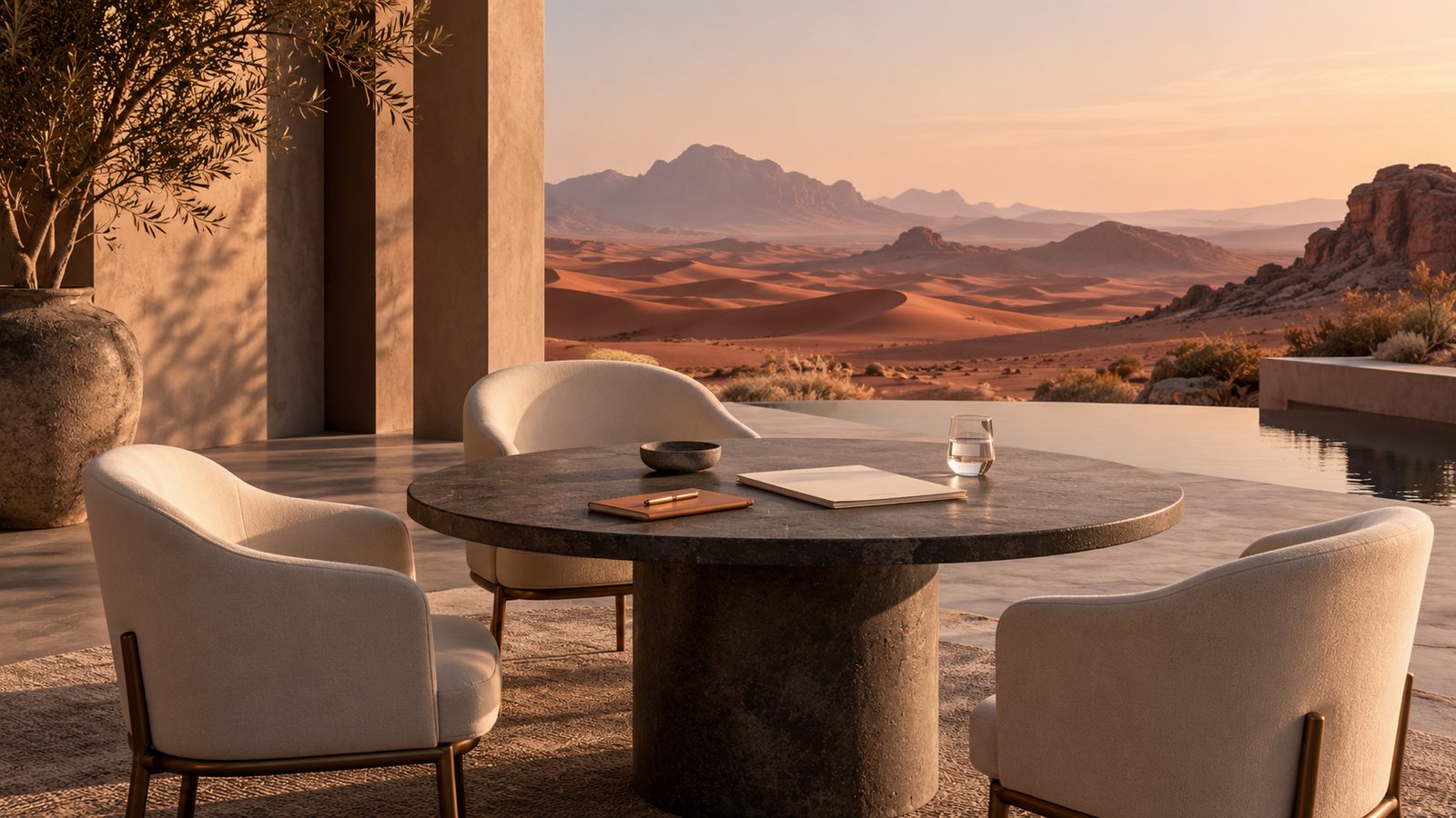 An organised round meeting table on a refined desert terrace