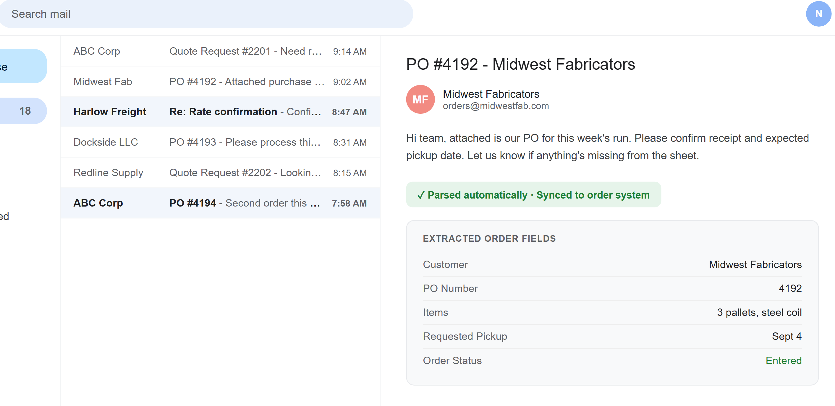 Extracted order fields from a purchase order email: customer, PO number, items, requested pickup and order status, above a badge reading parsed automatically and synced to order system.