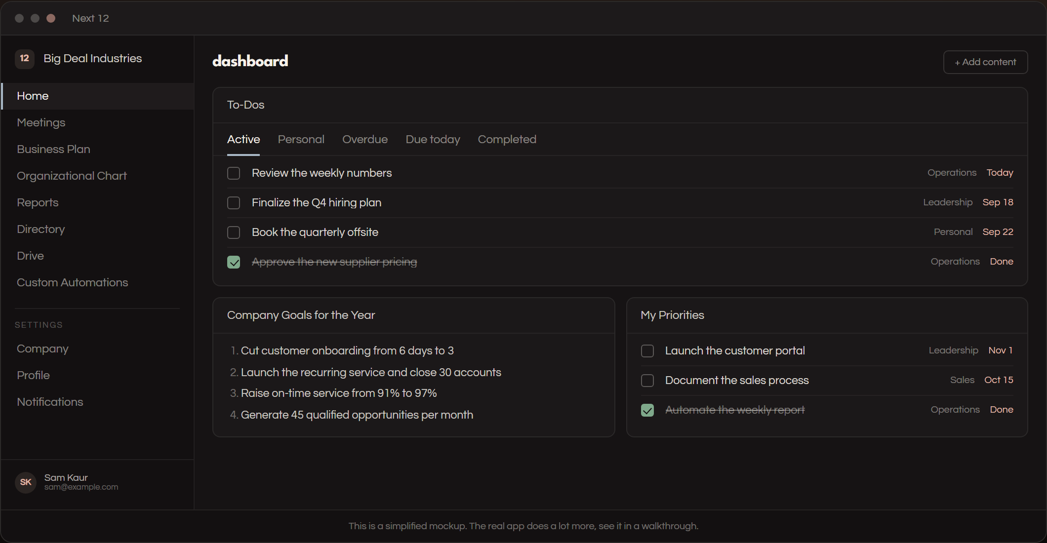 A dashboard of to-dos and company goals, each with an owner, a due date and its progress.